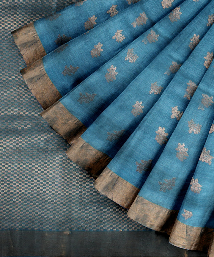 Cyan blue golden zari tussar silk handwoven chattisgarh saree