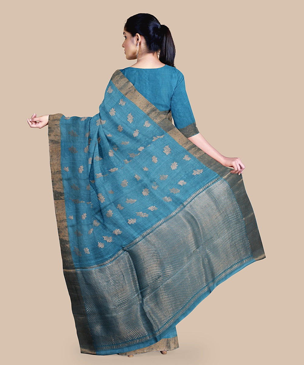 Cyan blue golden zari tussar silk handwoven chattisgarh saree