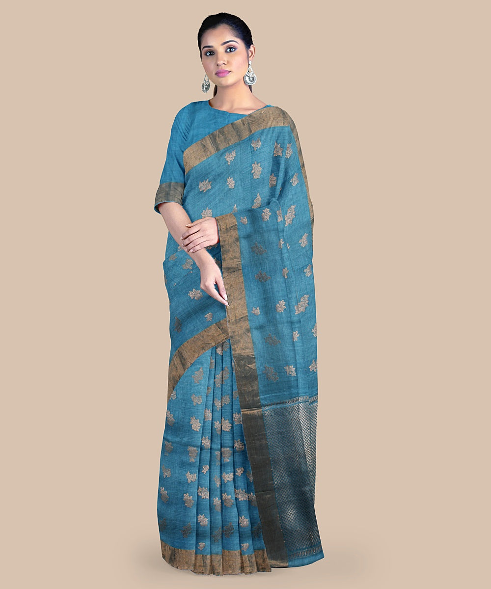 Cyan blue golden zari tussar silk handwoven chattisgarh saree