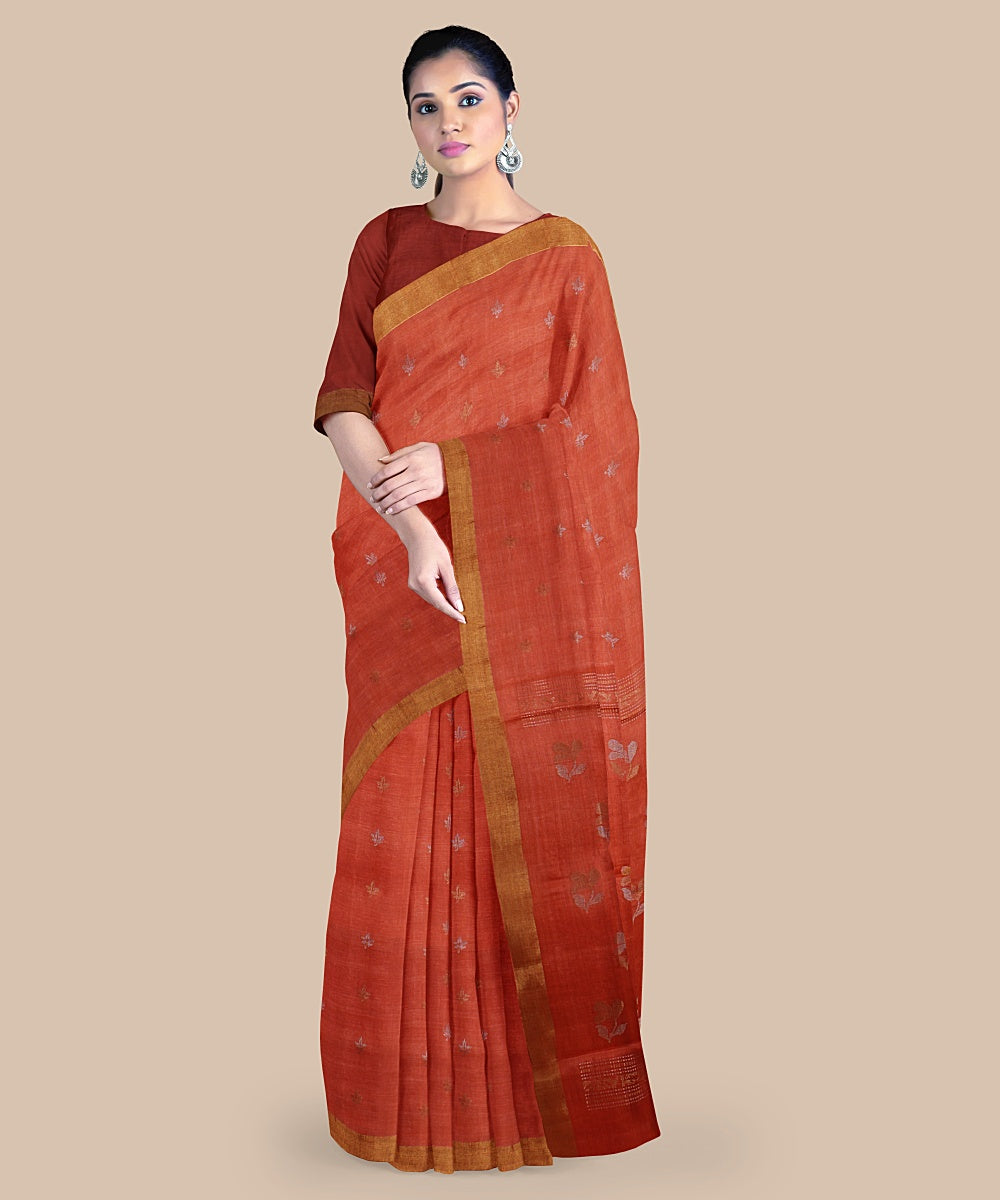 Orange gold zari tussar silk handwoven chattisgarh saree