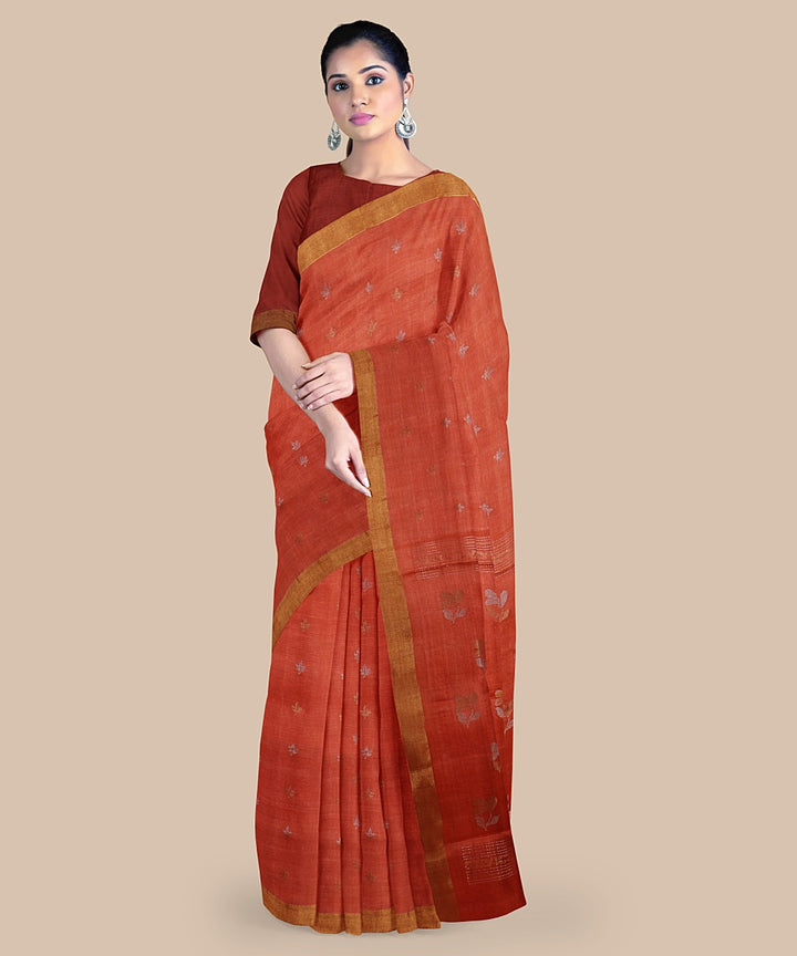 Orange gold zari tussar silk handwoven chattisgarh saree