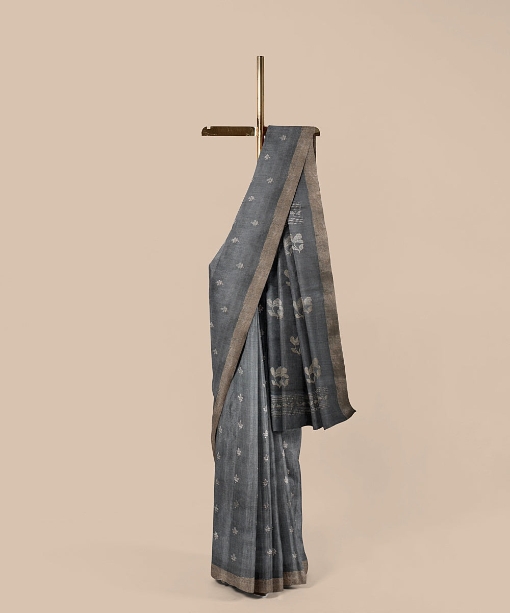 Grey silver zari tussar silk handwoven chattisgarh saree