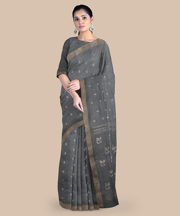 Grey silver zari tussar silk handwoven chattisgarh saree