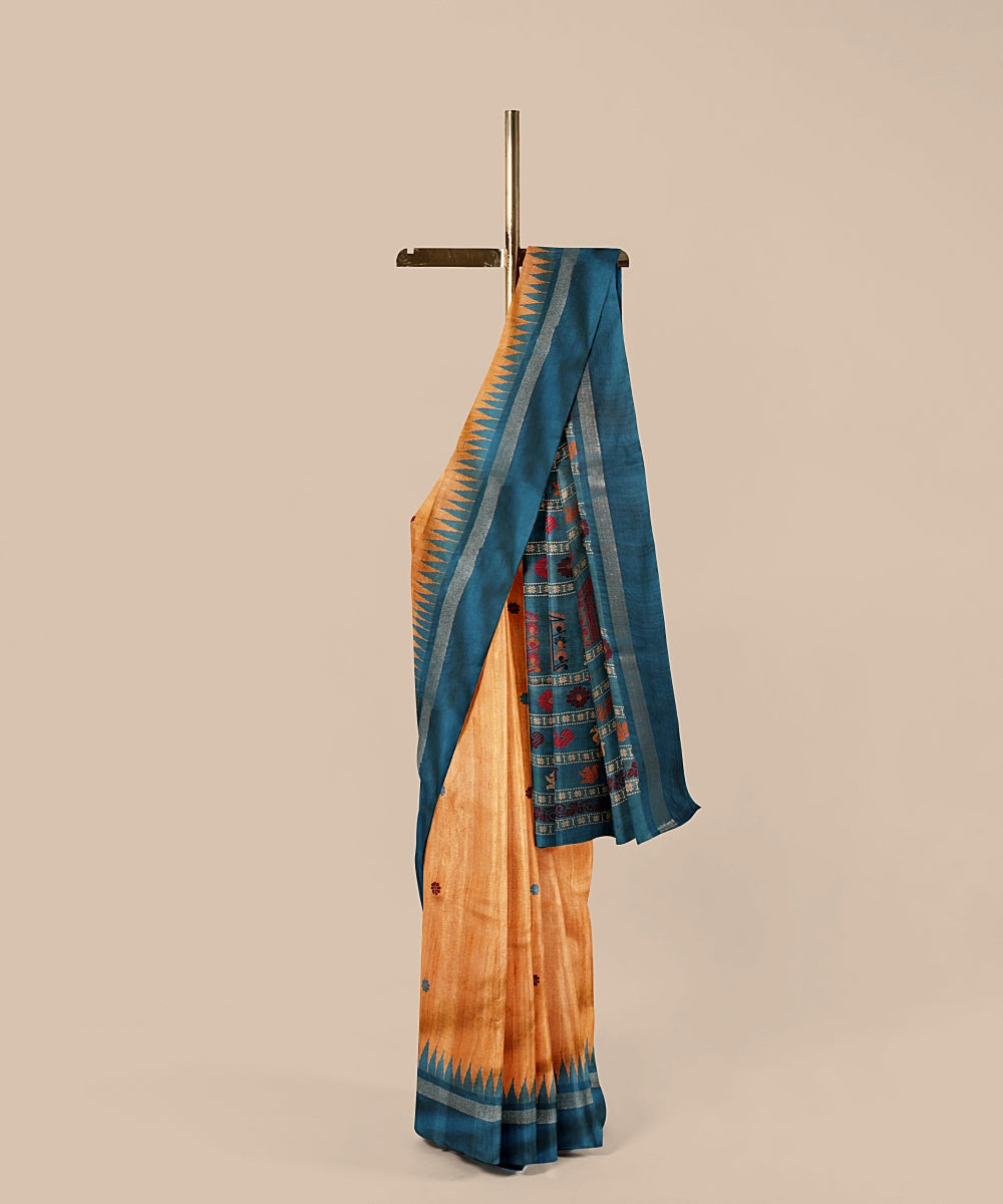 Mustard sea green tussar silk handwoven chattisgarh saree