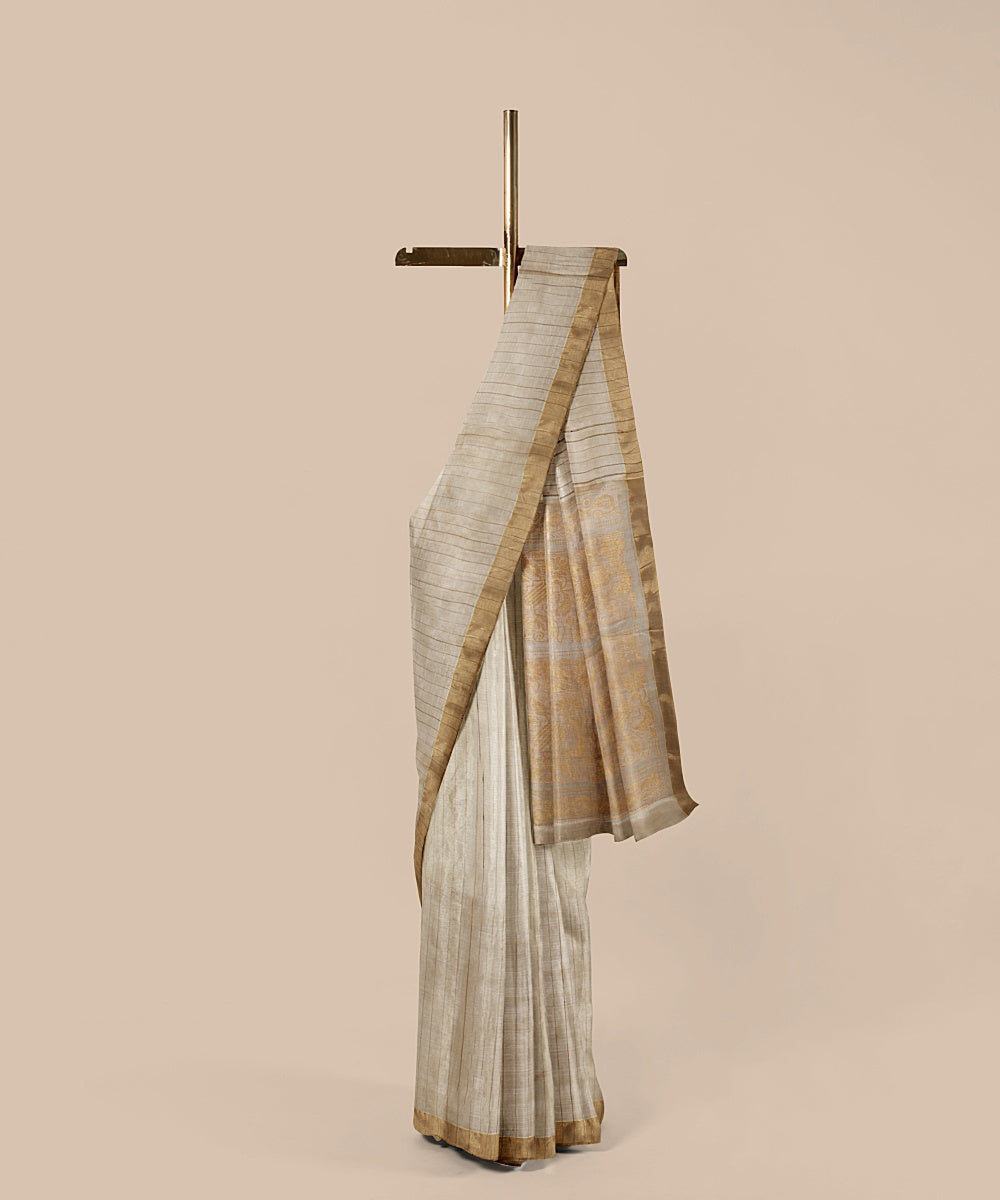 Beige striped tussar silk handwoven chattisgarh saree