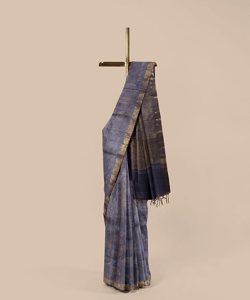 Blueish grey gold zari tussar silk handwoven chattisgarh saree