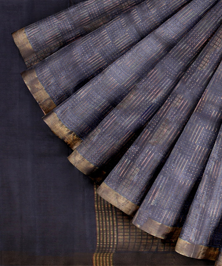 Blueish grey gold zari tussar silk handwoven chattisgarh saree