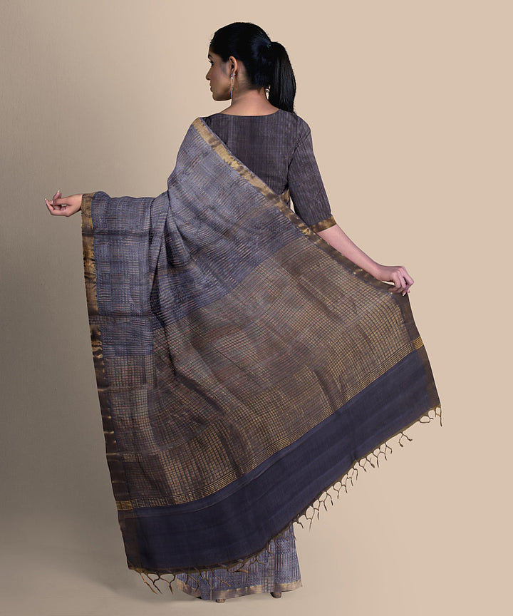 Blueish grey gold zari tussar silk handwoven chattisgarh saree