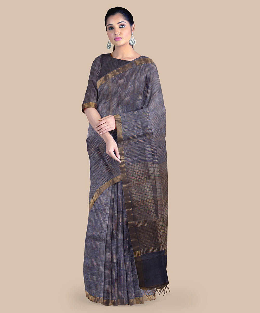 Blueish grey gold zari tussar silk handwoven chattisgarh saree