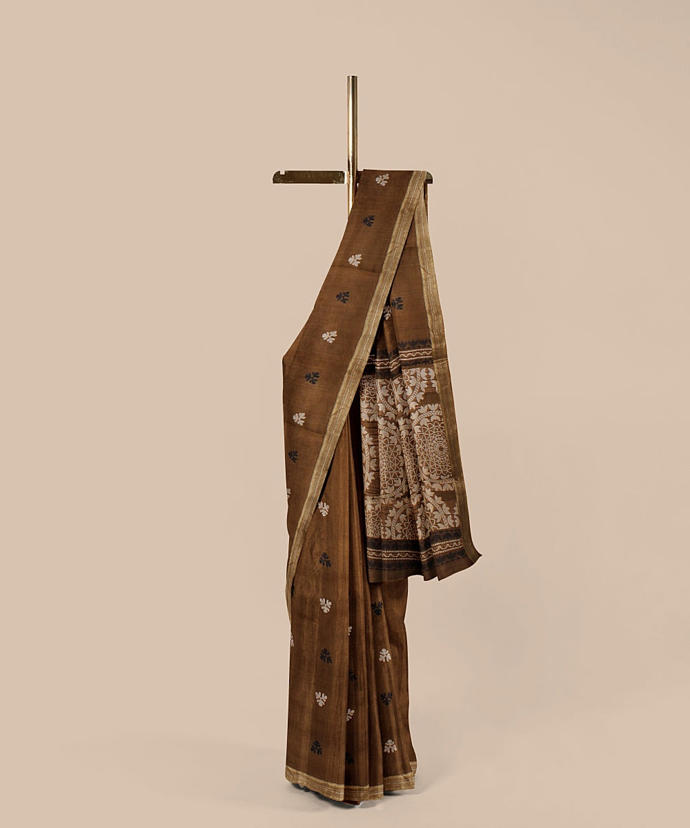Brown black beige tussar silk handwoven chattisgarh saree