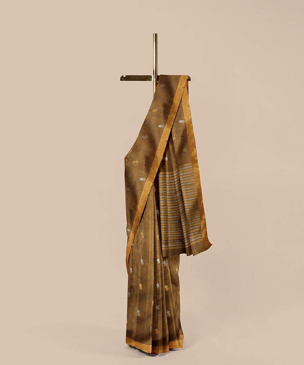 Brown gold zari tussar silk handwoven chattisgarh saree