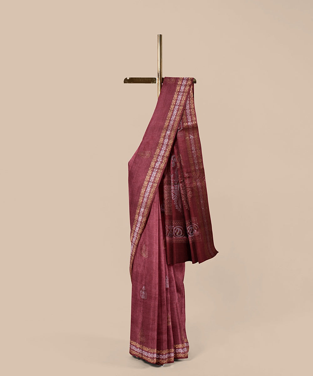Maroon zari tussar silk handwoven chattisgarh saree
