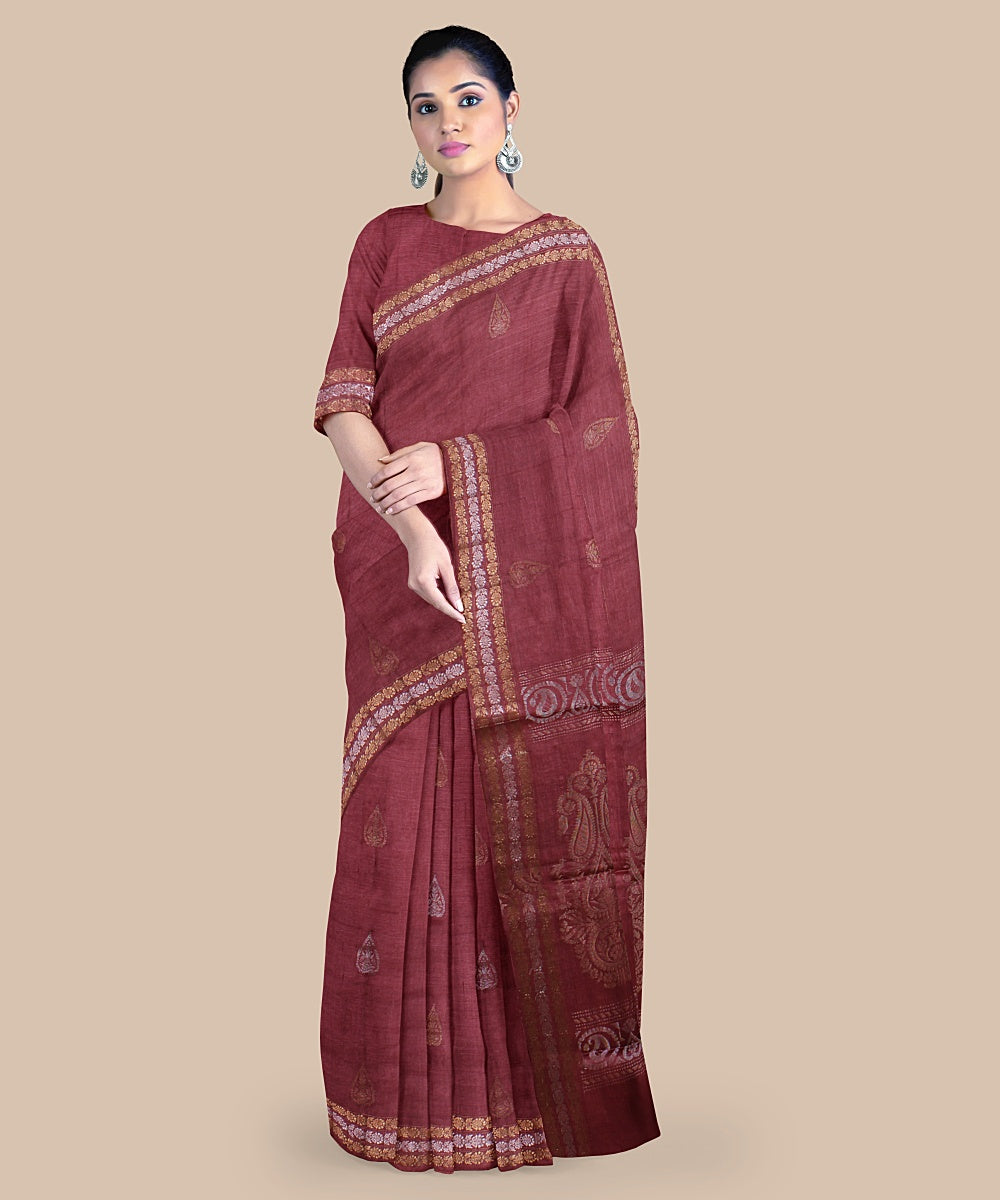 Maroon zari tussar silk handwoven chattisgarh saree