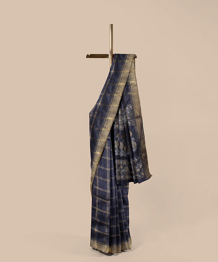 Grey check tussar silk handwoven chattisgarh saree