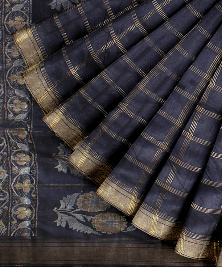 Grey check tussar silk handwoven chattisgarh saree
