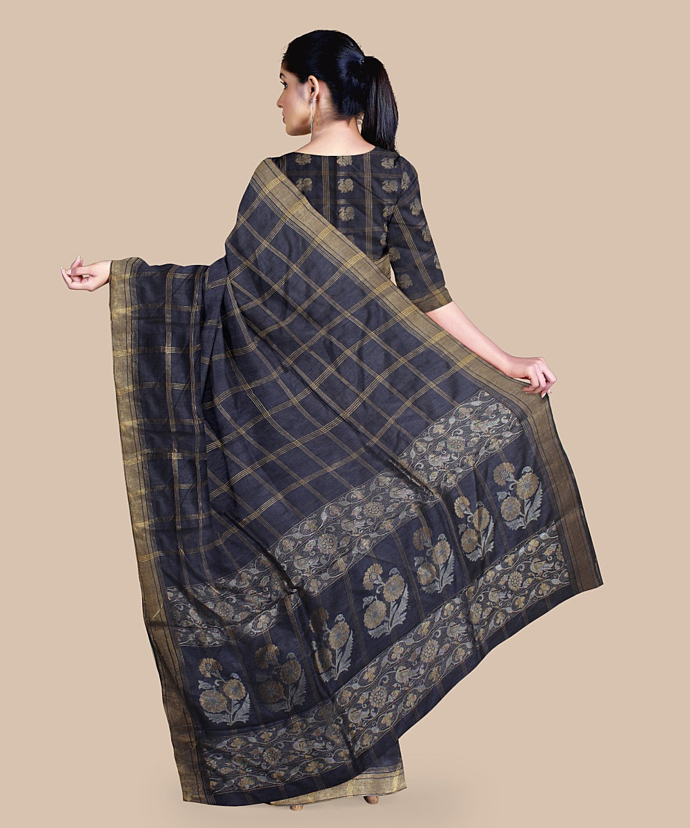 Grey check tussar silk handwoven chattisgarh saree