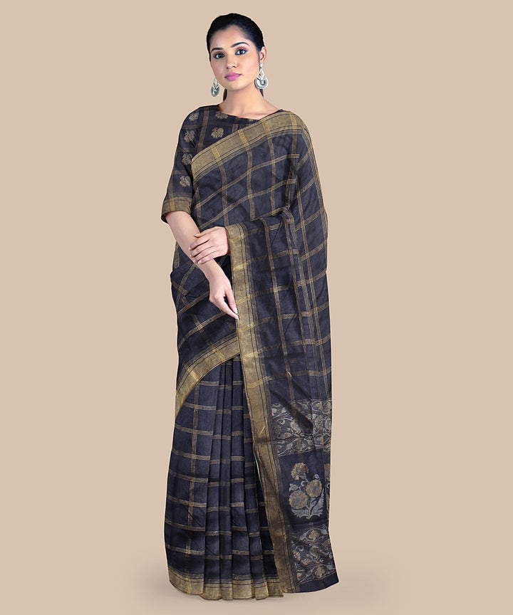 Grey check tussar silk handwoven chattisgarh saree