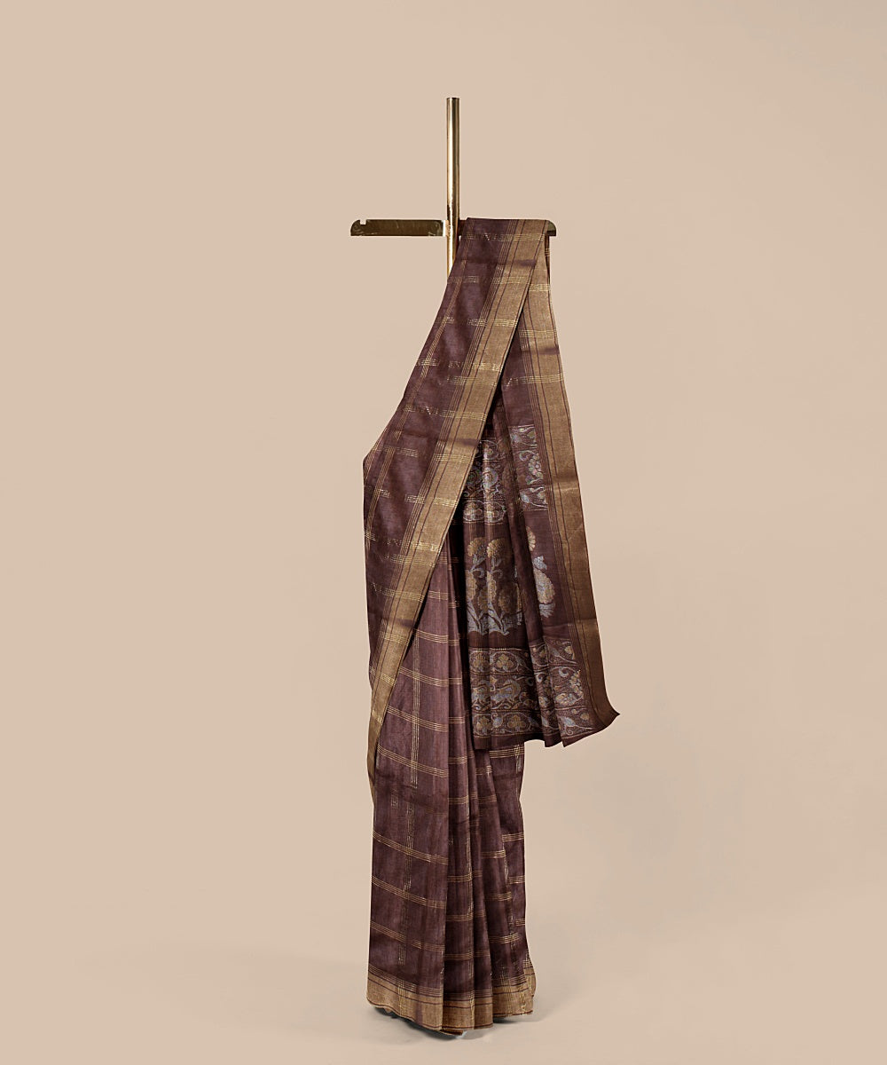 Chocolate brown checked tussar silk handwoven chattisgarh saree