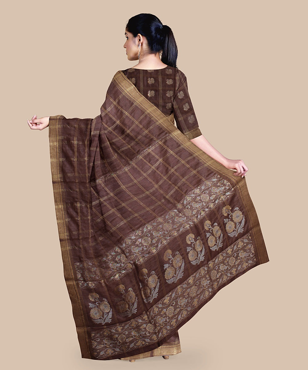 Chocolate brown checked tussar silk handwoven chattisgarh saree