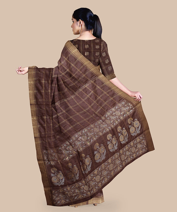 Chocolate brown checked tussar silk handwoven chattisgarh saree