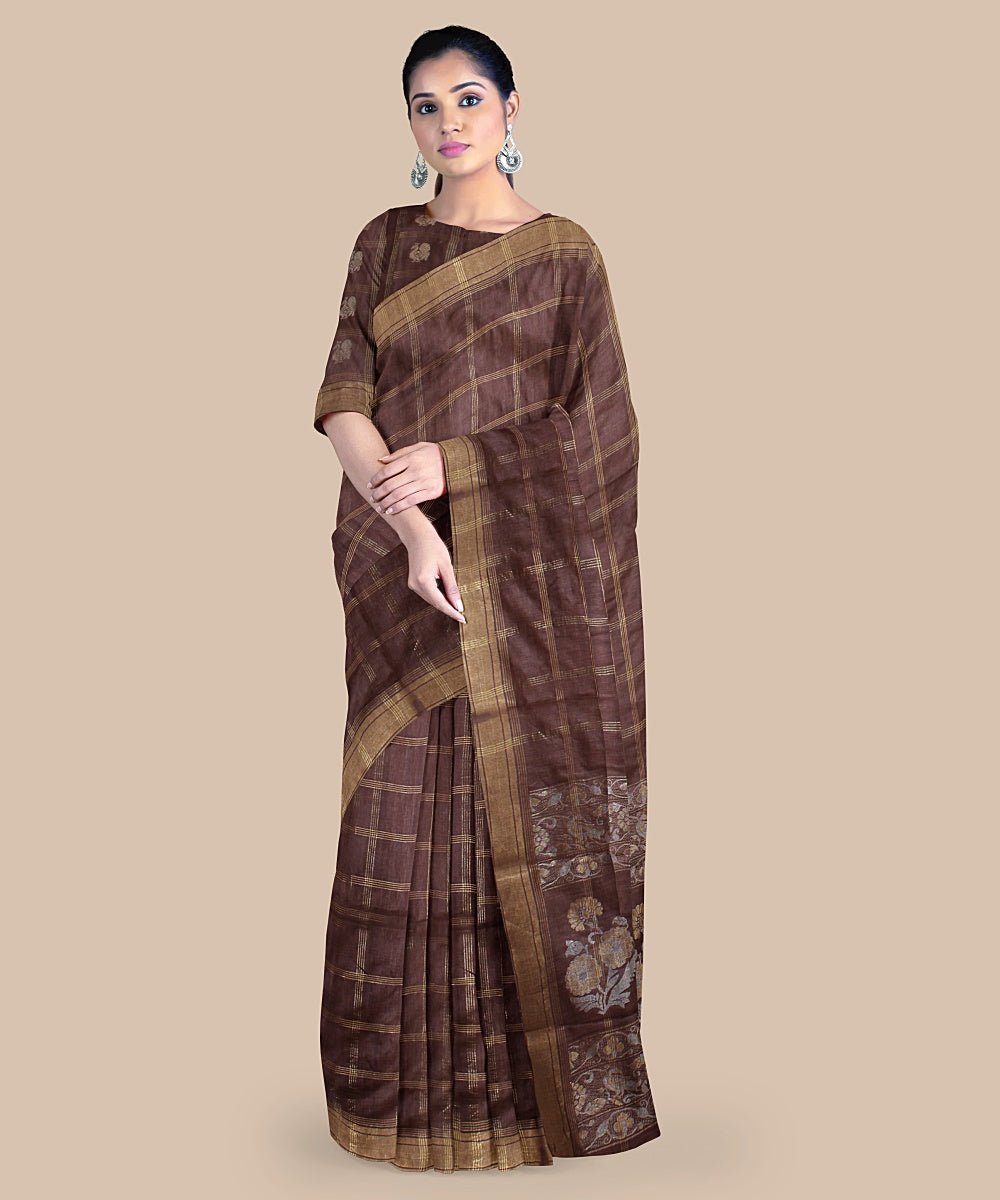 Chocolate brown checked tussar silk handwoven chattisgarh saree
