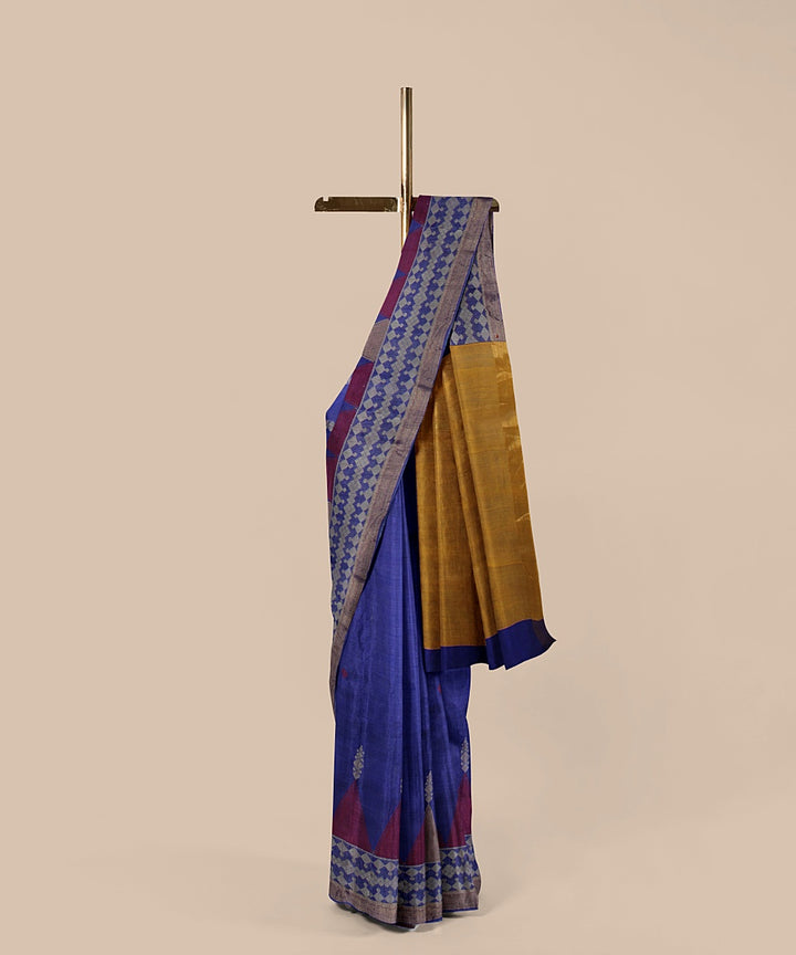 Navy blue yellow tussar silk handwoven chattisgarh saree