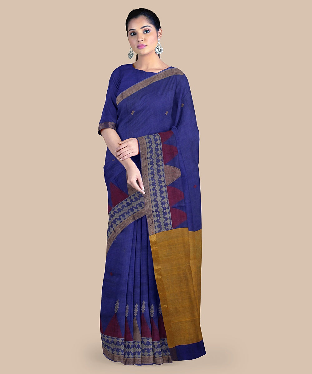 Navy blue yellow tussar silk handwoven chattisgarh saree