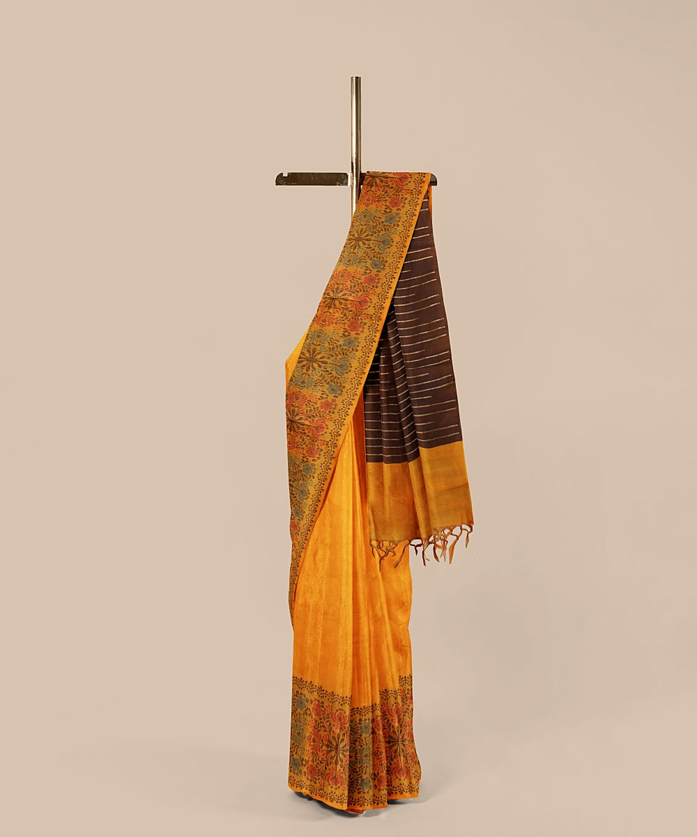 Yellow brown tussar silk handwoven chattisgarh saree