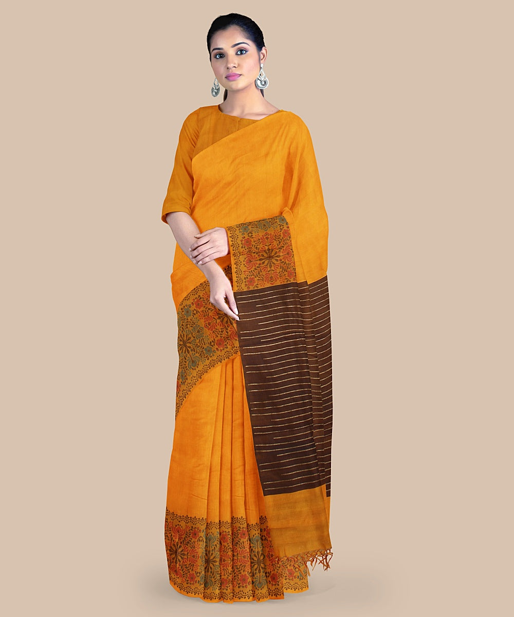 Yellow brown tussar silk handwoven chattisgarh saree