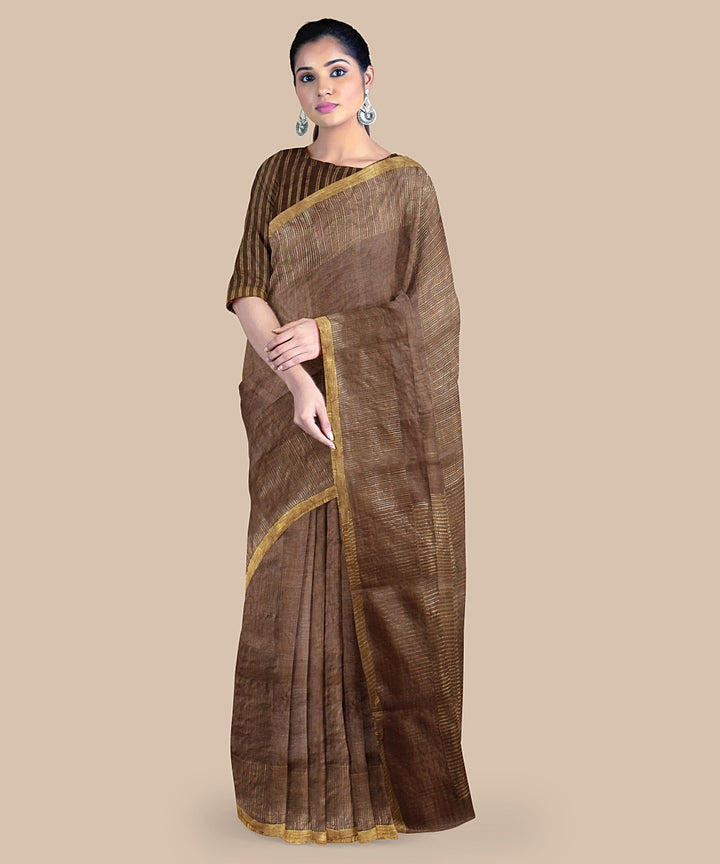 Brown gold zari chattisgarh tussar silk handwoven saree
