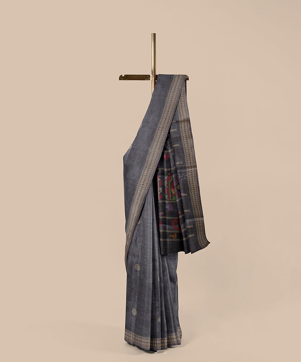 Grey beige dolabedi tussar silk handwoven chattisgarh saree