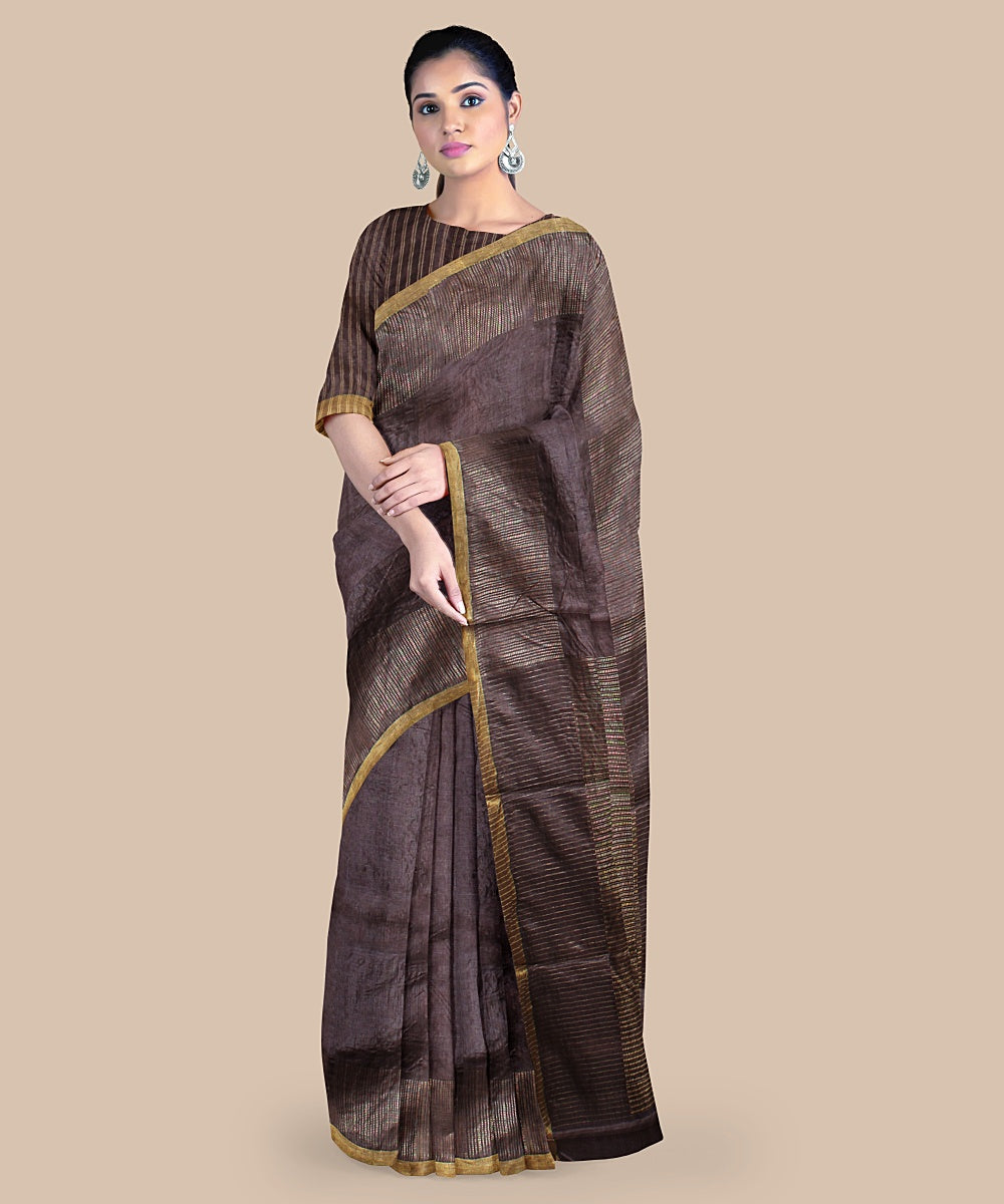 Coffee grey gold zari tussar silk handwoven chattisgarh saree