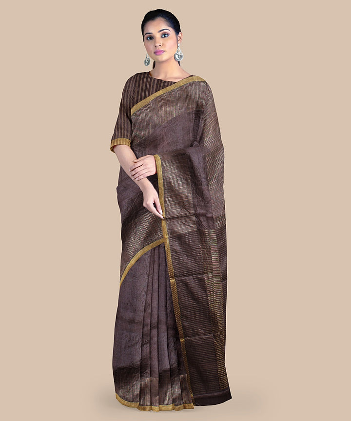 Coffee grey gold zari tussar silk handwoven chattisgarh saree