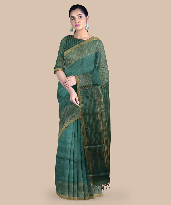 Dark green gold zari tussar silk handwoven chattisgarh saree