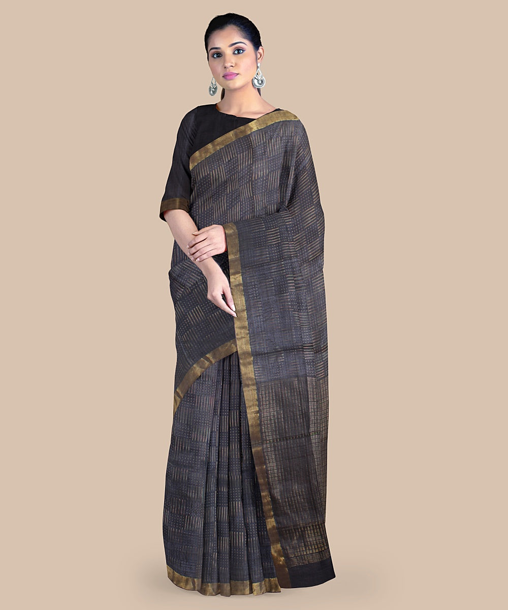 Grey gold zari chattisgarh tussar silk handwoven saree