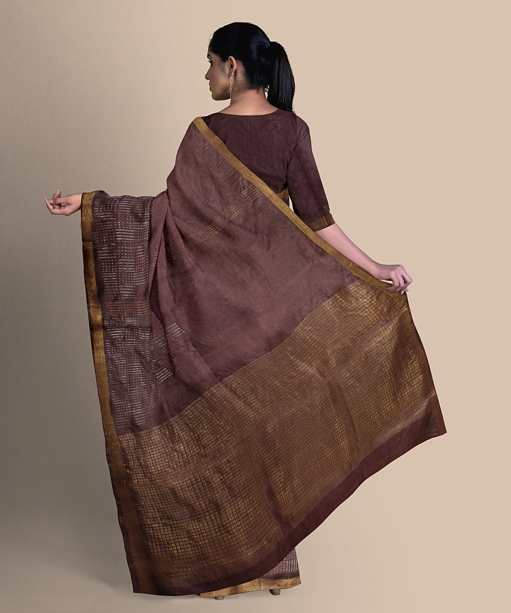 Chocolate brown gold zari tussar silk handwoven chattisgarh saree