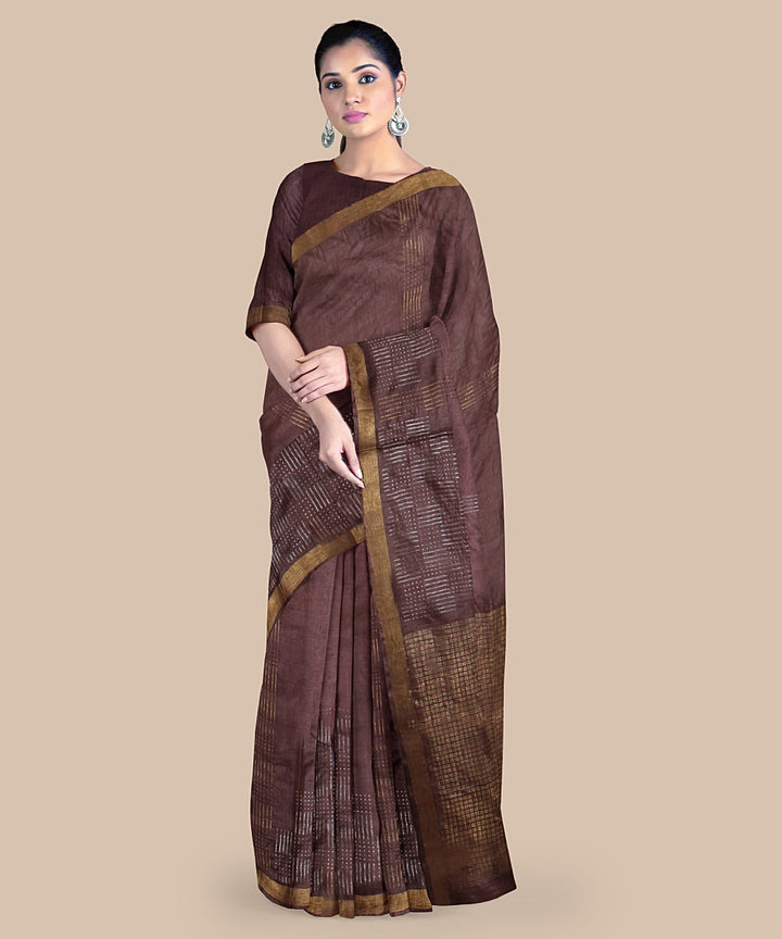 Chocolate brown gold zari tussar silk handwoven chattisgarh saree