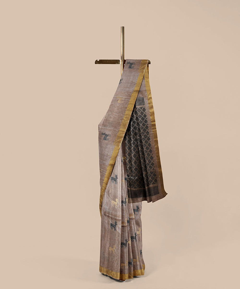 Beige black grey tussar silk handwoven chattisgarh saree
