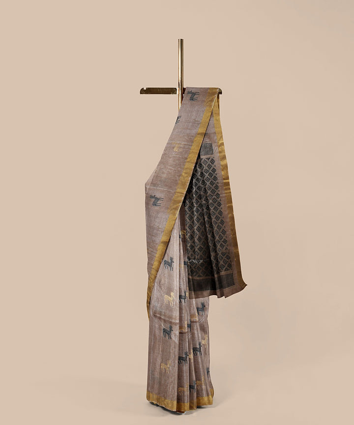 Beige black grey tussar silk handwoven chattisgarh saree