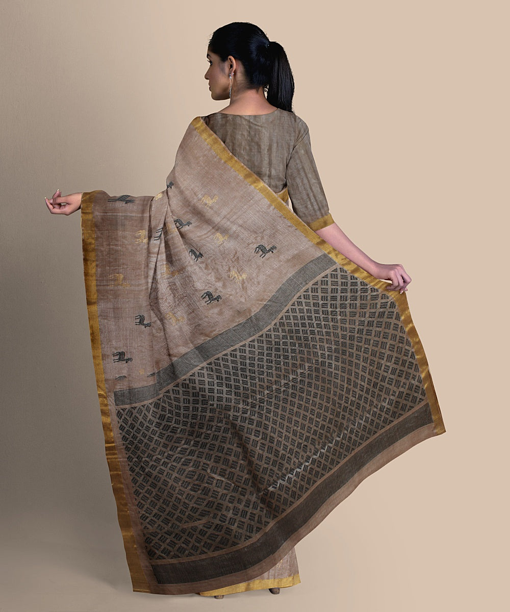Beige black grey tussar silk handwoven chattisgarh saree