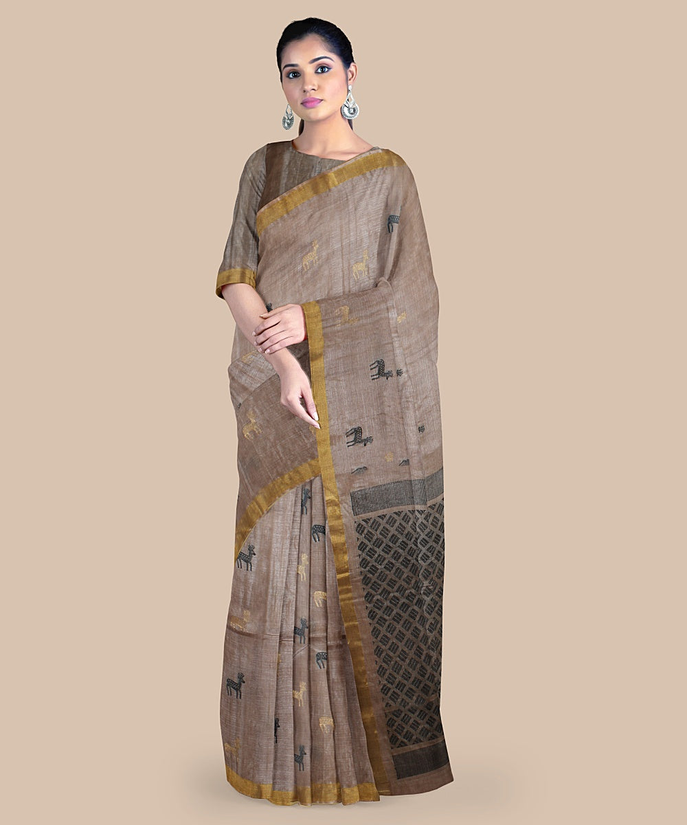 Beige black grey tussar silk handwoven chattisgarh saree