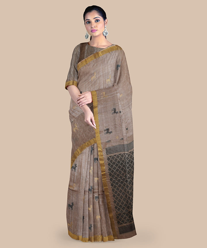 Beige black grey tussar silk handwoven chattisgarh saree