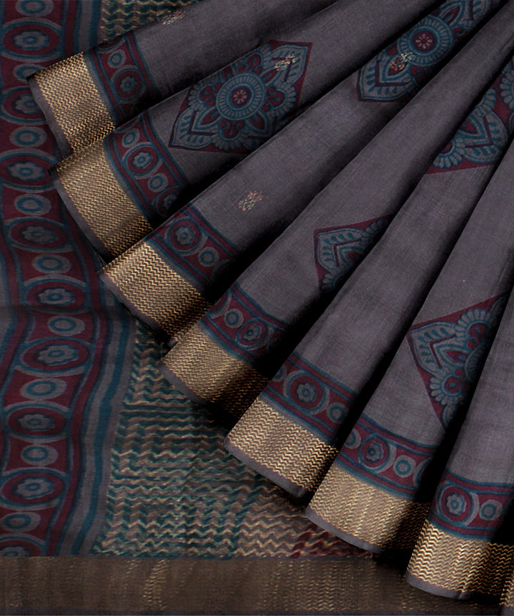 Grey pink tussar silk hand printed chattisgarh saree