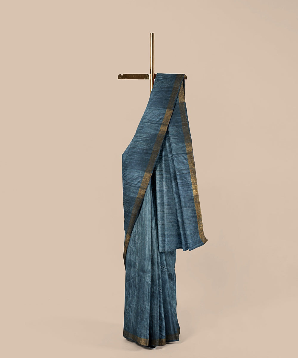 Turquoise gold zari tussar silk handwoven chattisgarh saree