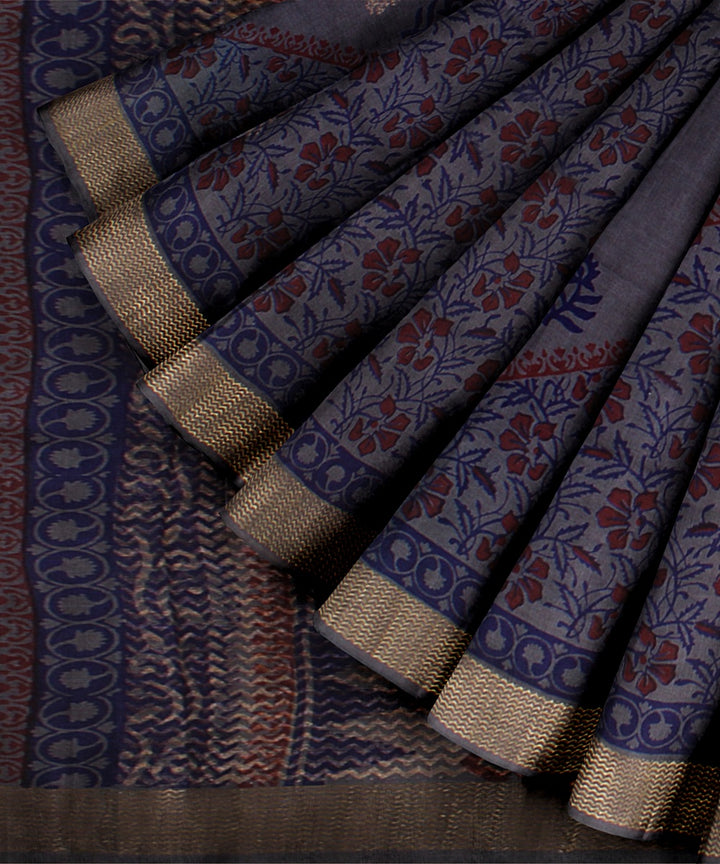 Grey blue tussar silk hand printed chattisgarh saree