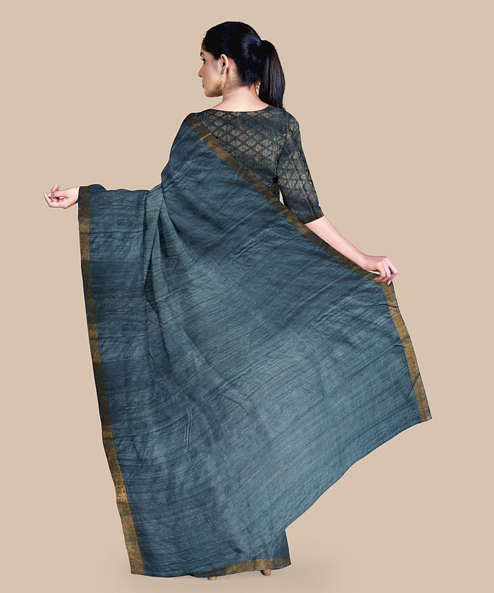 Turquoise gold zari tussar silk handwoven chattisgarh saree