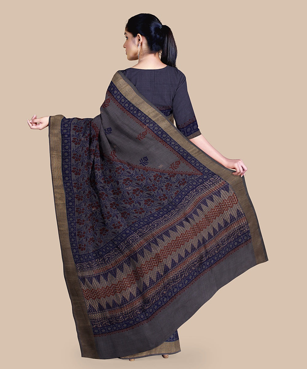 Grey blue tussar silk hand printed chattisgarh saree