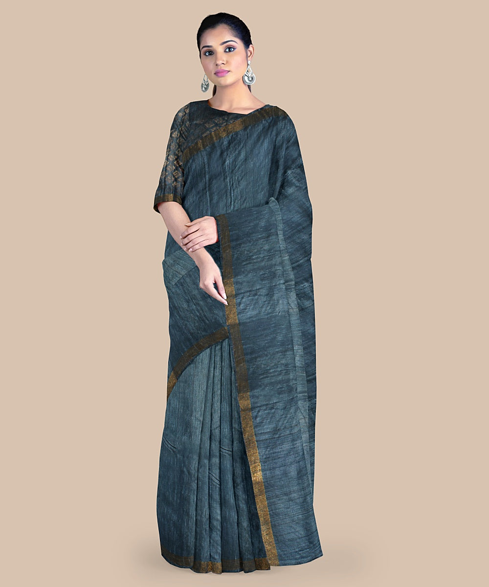 Turquoise gold zari tussar silk handwoven chattisgarh saree