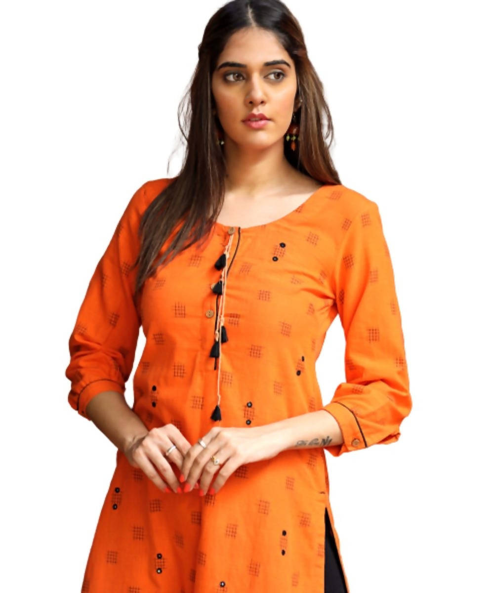 Orange cotton ikat kurti with hand embroidery