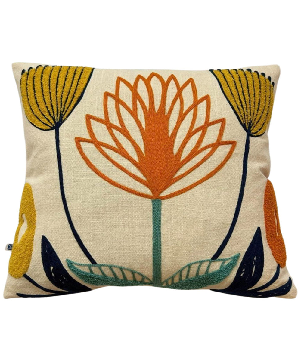 Cream orange hand embroidered slub cotton cushion cover